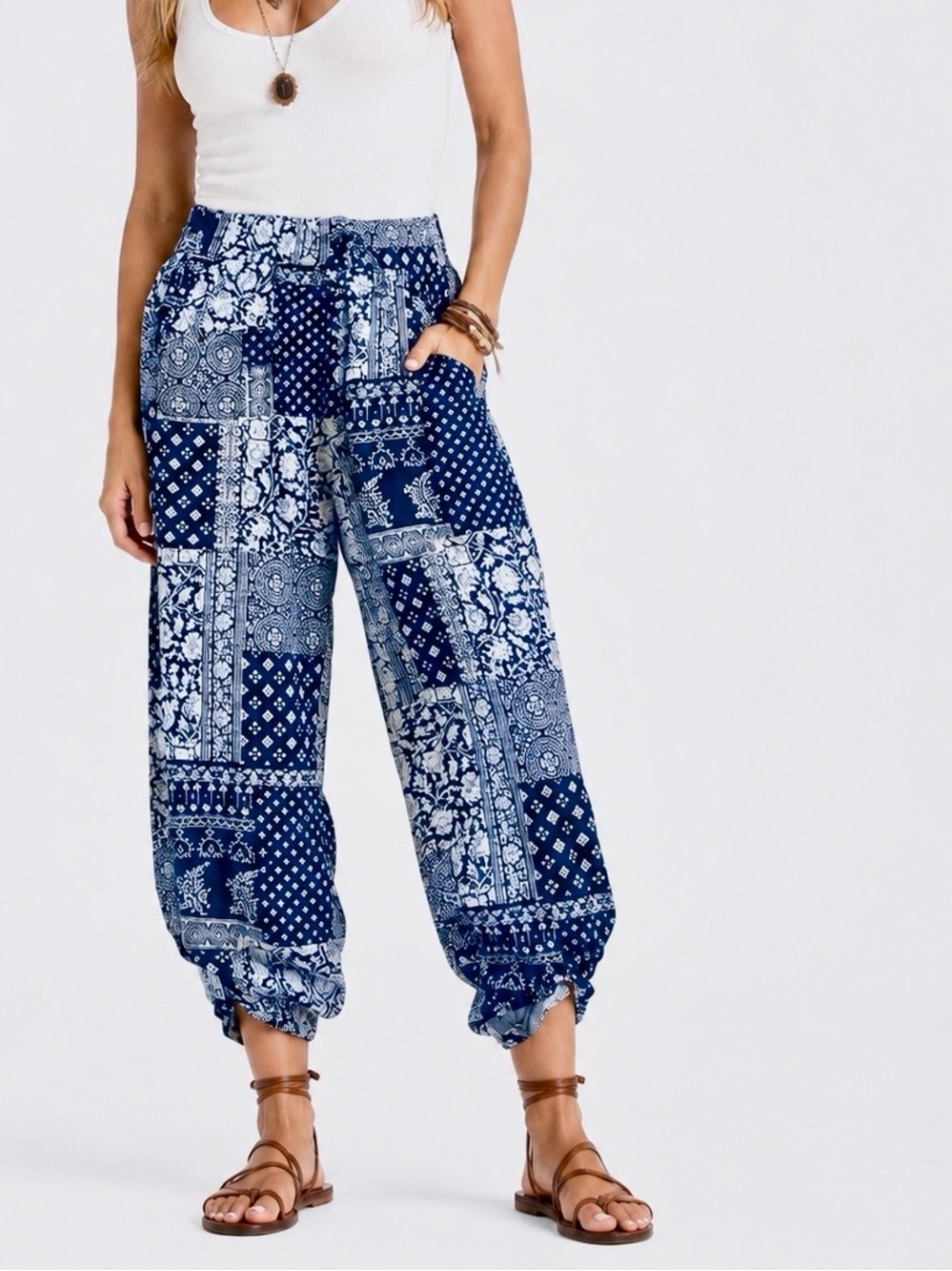 BLUE EARTH Boho Navy White Patchwork Paisley Cropped Drawstring Harem Pants LHP